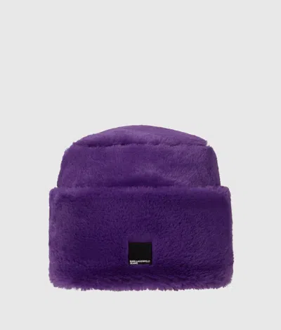 Kl Jeans Fold-up Faux-fur Beanie In Purple