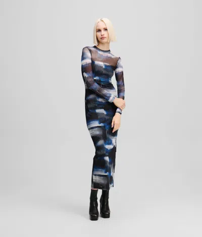 Kl Jeans Glitch-print Mesh Dress In Blue