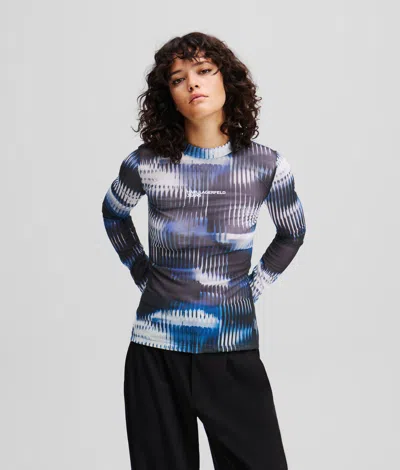 Kl Jeans Glitch Print Mesh Top In Blue