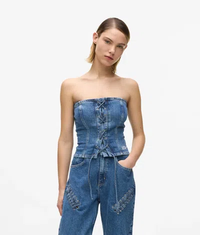 Kl Jeans Lace-up Denim Bustier In Blue