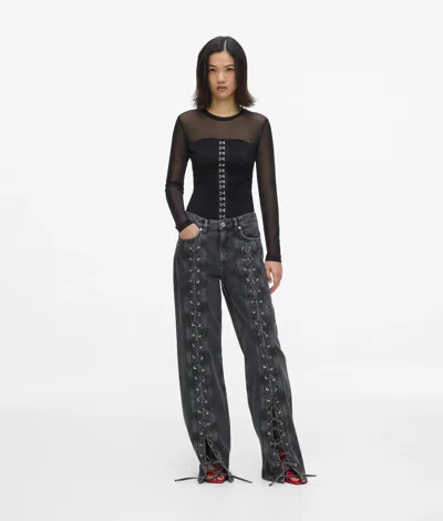 Kl Jeans Lace-up Mid-rise Relaxed Jeans In Stone Washed Black