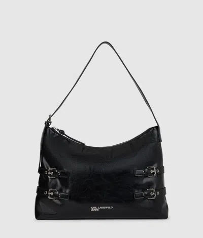 Kl Jeans Large Buckle Shoulder Bag In Black