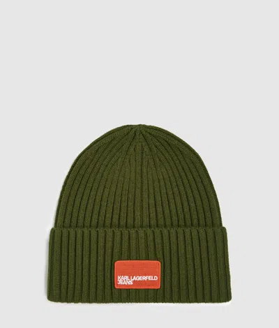 Kl Jeans Logo Patch Beanie In Green