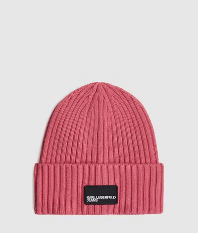 Kl Jeans Logo Patch Beanie In Red