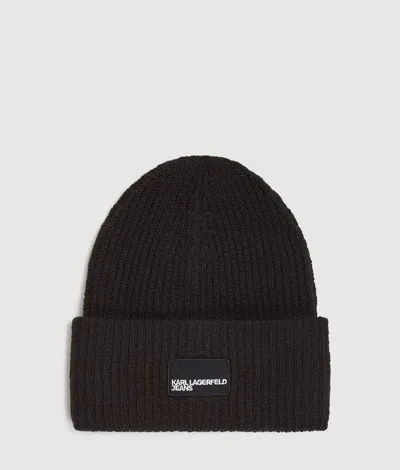 Kl Jeans Logo Patch Long Beanie In Black