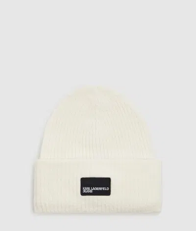 Kl Jeans Logo Patch Long Beanie In Sand