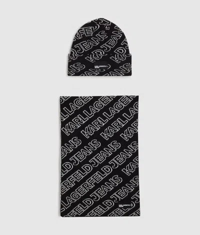 Kl Jeans Logo Scarf And Beanie Gift Set In Black