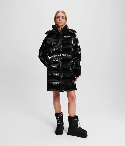 Kl Jeans Long Belted Puffer Jacket In Black