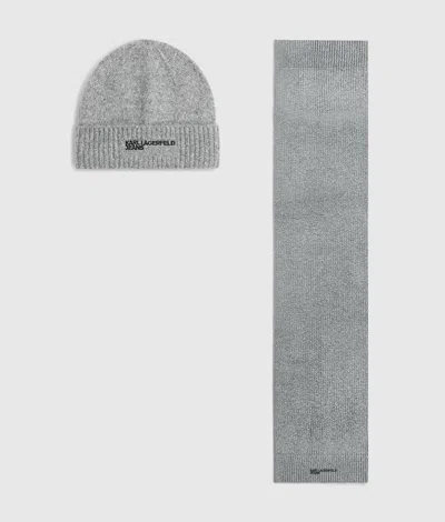 Kl Jeans Melange Beanie And Scarf Gift Set In Tornade