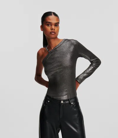 Kl Jeans Metallic One-shoulder Top In Gray