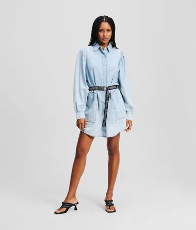 Kl Jeans Puff-sleeved Denim Shirt Dress In Blue
