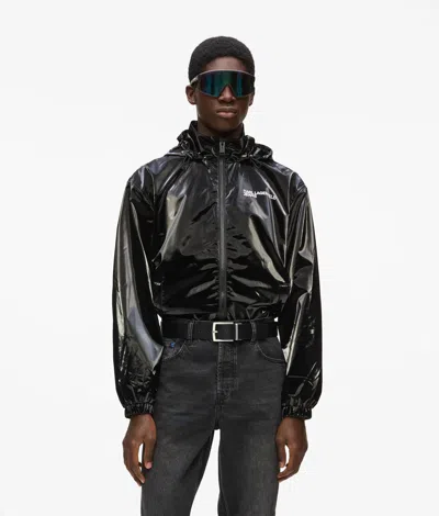 Kl Jeans Shiny Hooded Bomber Jacket In Black