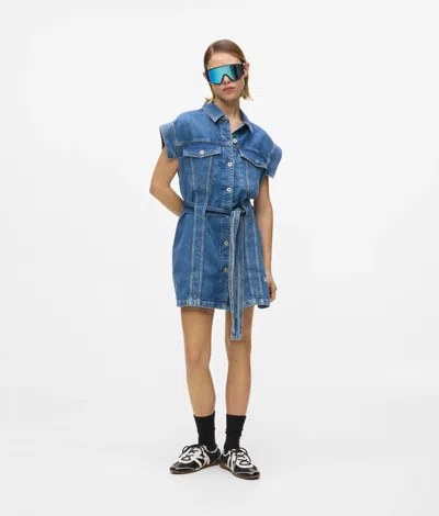 Kl Jeans Short-sleeved Belted Denim Dress In Blue
