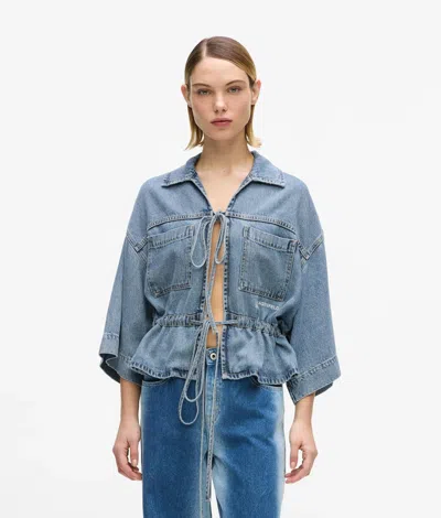 Kl Jeans Short-sleeved Tie Front Denim Shirt In Blue