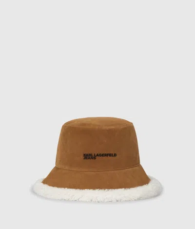 Kl Jeans Suede Reversible Bucket Hat In Marron