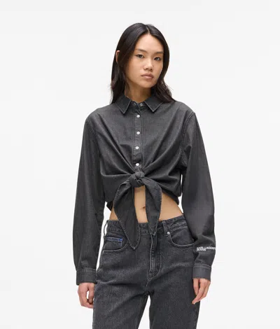 Kl Jeans Tie-front Denim Shirt In Black