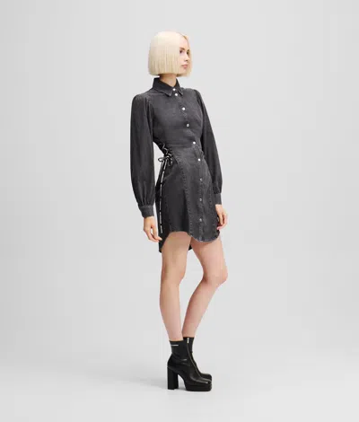 Kl Jeans Tied Waist Denim Shirt Dress In Black