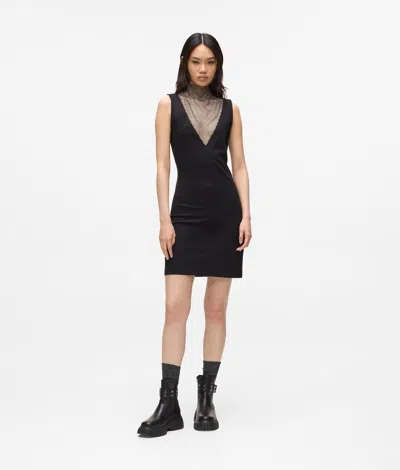 Kl Jeans V-neck Rhinestone Mesh Dress In Black