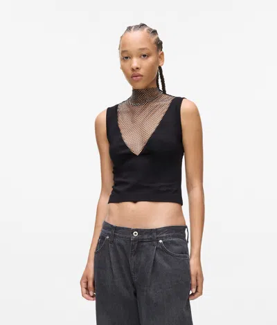 Kl Jeans V-neck Rhinestone Mesh Top In Black