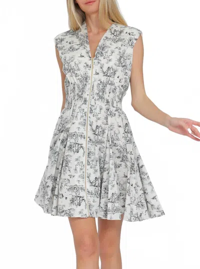 Kld. Signature Front Zip Printed Smocking Waist Dress In Black/white In Multi