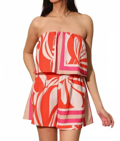 Kld. Signature Strapless Printed Cascade Romper In Red In Multi