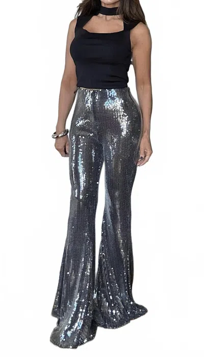 Klesis Angel All Over Sequin Flare Pants In Black In Gray