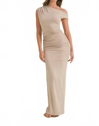 Klesis Asymmetric Off Shoulder Ruched Maxi Dress In Taupe In White