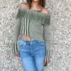 Klesis Asymmetrical Off The Shoulder Ribbed Sweater In Green