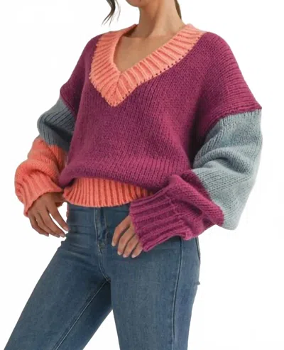 Klesis Color Block Knit Sweater Top In Magenta In Pink
