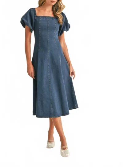 Klesis Denim Puff Sleeve A-line Midi Dress In Blue