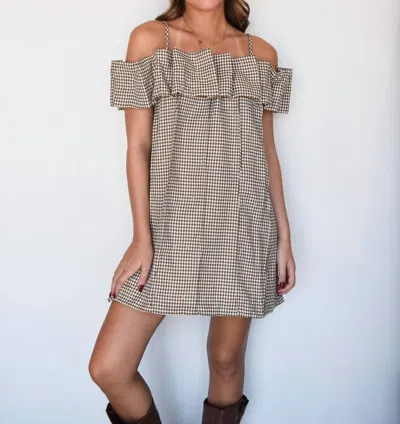 Klesis Houndstooth Off The Shoulder Dress In Neutral Brown In Multi