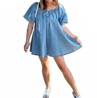 Klesis Karrie Puff Sleeve Babydoll Romper In Denim In Blue