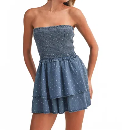 Klesis Kinsley Polkadot Smocked Ruffled Romper In Denim In Gray