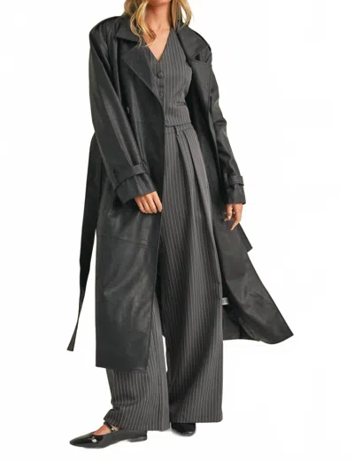 Klesis Leather Belted Trench Coat In Black In Gray