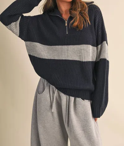 Klesis Long Sleeve Contrast Stripe Half Zip Sweater Top In Dark Navy/ Heather Grey In Blue