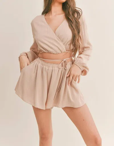 Klesis Long Sleeves Crop Top Flare Shorts Set In Taupe In Brown