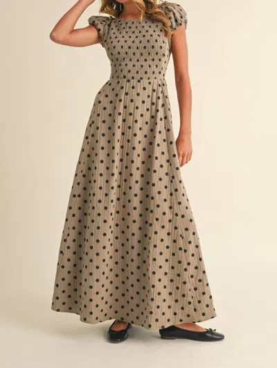 Klesis Polka Dot Criss Cross Open Back Smocked Maxi Dress In Khaki In Brown