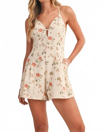 Klesis Printed Criss Cross Back Tie Twill Romper In Floral In Purple