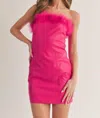 Klesis Strapless Faux Leather Feathers Dress In Pink In Pink