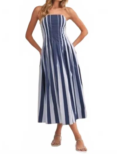 Klesis Strapless Striped Pleated Flare Midi Dress In Navy & Light Blue