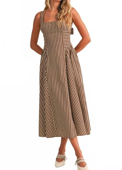Klesis Striped Back Buckle Piping Detail Midi Dress In Neutral Taupe And White In Multi