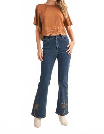 Klesis Suede-feel Border Cutout Short-sleeve Top In Camel In Brown