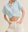 KLESIS THE PICNIC PERFECT GINGHAM TWIST FRONT CROPPED TOP IN BLUE