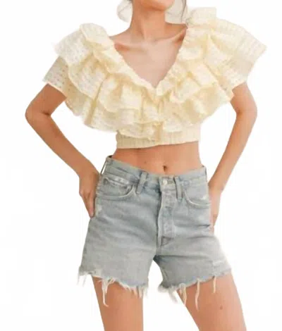 Klesis V Neckline Ruffle Tier Crop Top With Side Zipper In Yellow In White
