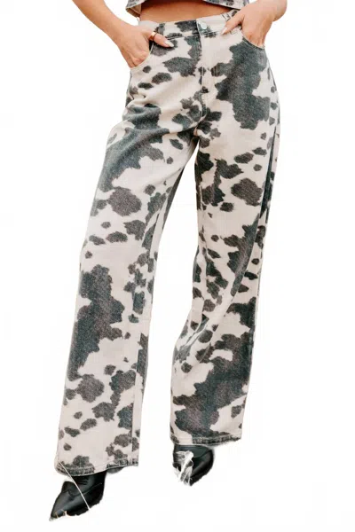 Klesis Wide Leg Cow Print Jeans In Multi In Green