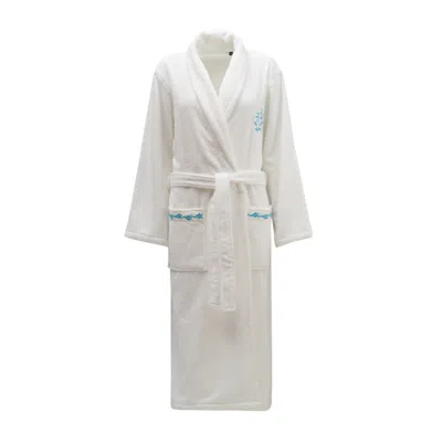 Km Home Collection White Turquoise Coral Embroidery  Aegean Cotton Bathrobe