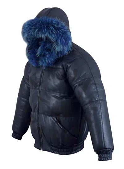 Pre-owned Kmax Men's Puffer Bomber Sheepskin Leather Jacket Removable Raccoon Fur Collar & Hood In Blue