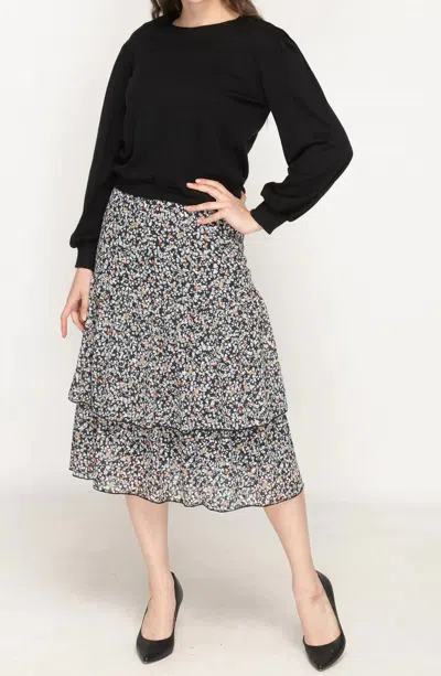Kmw Woven Floral Ruffle Midi Skirt In Black In Gray