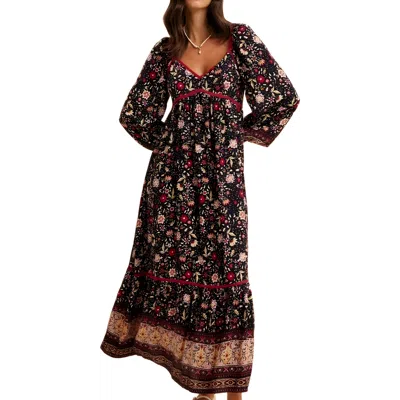 Knit & Lounge Knit And Lounge Boho Tiered Print Long Sleeve Midi Dress With Lace Trim In Black