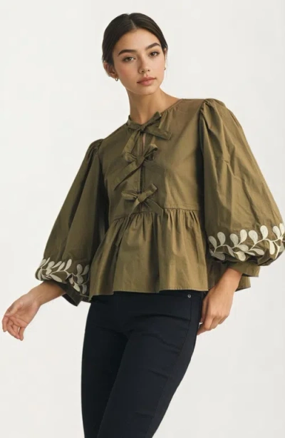Knit & Lounge Knit And Lounge Bow Front Embroidered Balloon Sleeve Blouse In Brown